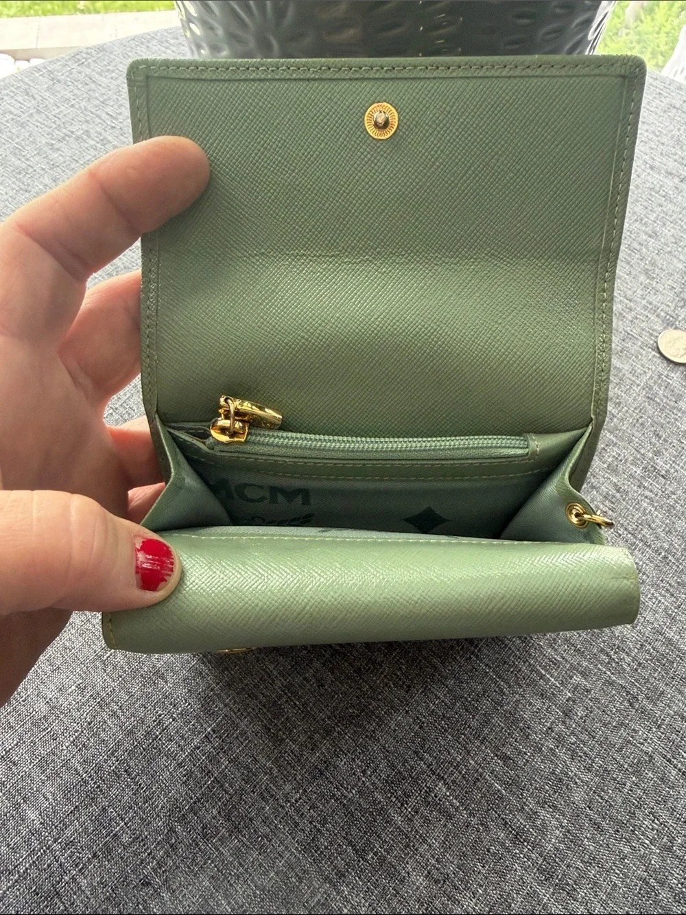 MCM Green Leather Compact Wallet with Gold Accents and Charm - Picture 3 of 10